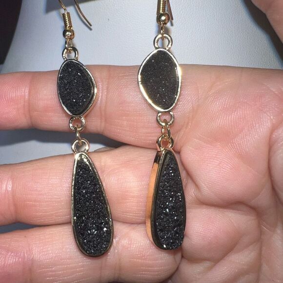 Black Druzy and Gold Tone Double Drop Earrings - Picture 4 of 7